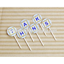 Wedding decoration light blue stripe dark blue letter pattern round shaped paper cake topper